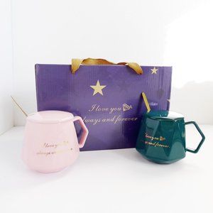 NEW 6pc SET GEM/GEOMETRIC Shaped CERAMIC MUGS + COVER Love You Always Forever